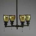 Quezal four art glass shades on fourarmed bronze ceiling fixture shades marked fixture 33 x 17 12 dia