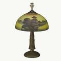 Eclipse lighting co table lamp reverse painted shade with heavy copper patinated base mid 20th c 25 12 x 15 34 dia