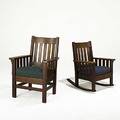 Stickley bros armchair and rocker each with vertical backslats and underarm slats unmarked armchair 40 x 28 x 25