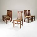Arts  crafts set of six oak side chairs each with three vertical backslats and replaced rush seats refinished 37 14 x 18 x 18