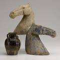 Asian pottery two tang style terra cotta horse heads and stoneware water pitcher with mottled glaze 20th c tallest 9