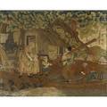English needlework on silk genre scene with painted highlights 19th c 17 14 x 21