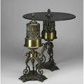 French table lamps paris patinated bronze with stone tops 19th20th c one missing top both with metal tags 21 x 18 dia