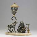 Brass table lamp middle eastern man smoking from a hookah with horse and large lantern mounted on marble base ca 1940 15 x 12 x 8