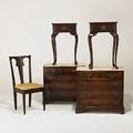Furniture grouping five pieces pair of marble top bachelor chests and pair of queen anne end tables together with mahogany inlaid side chair all ca 1940 chests 28 x 30 x 17