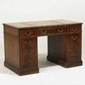Kneehole desk mahogany with leather top and banded drawer fronts ca 1940 30 x 48 x 28
