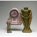 Porcelain grouping three pieces porcelain clock majolica posy holder and austrian figural vase with damage 19th c tallest 14 12