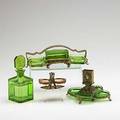 Intaglio glass four pieces smoking stand with enameled metal frame perfume bottle with intaglio stopper and two smoking stands with jeweled metal frames tallest 7