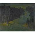 Simon natan karczmar polish b 1903 oil on artist board of a night village scene framed signed 16 12 x 20
