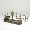 Fireplace implements fanshaped fire screen fender trivet and scuttle 19th20th c andirons 19 12 x 9 12 x 20