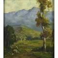 Early 20th c impressionist landscape oil on board of a mountain meadow framed unsigned 18 x 12