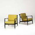 Dux pair of ebonized wood and upholstered lounge chairs denmark 1960s labels 28 x 27 x 27