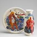 Gregorio prestopino pottery vase and charger both with nude figures 6 hairline to charger signed prestopino charger 13 dia
