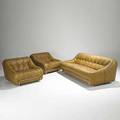 Style of afra  tobias scarpa leather and chromed steel sofa and club chairs unmarked sofa 27 x 77 x 38 club chair 27 x 37 x 36