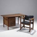Style of harvey probber walnut desk and armchair unmarked desk 29 12 x 54 x 30
