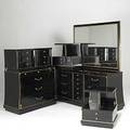 Style of james mont black and gold lacquer bedroom set includes long dresser with mirror tall dresser pair of nightstands and fullsized head and footboards not pictured marked selig modern lon