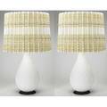 Sasha brastoff pair of stoneware table lamps with incised decoration including reed and chenille shades 34 12