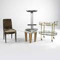 Modern occasional table brass cart chromed stool and side chair stool 30 x 20 12 x 17