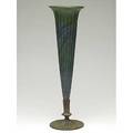 Steven lundberg art glass trumpet vase with featherpull decoration and bronze base signed lundberg 18