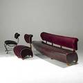 Jordan mozer curved sofa and two chairs unmarked sofa 33 x 105 12 x 23 bronze chair 31 12 x 18 x 21 12 wood chair 34 x 21 x 23