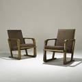 Style of kem webber pair of birch and wool lounge chairs mueller furniture co grand rapids brass labels 33 12 x 23 x 34