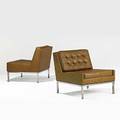 Dunbar pair of leather and chromed steel lounge chairs 1960s marked with embossed decking 30 x 30 x 30
