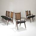 Vladimir kagan grosfeld house set of six walnut and cane dining chairs two with arms some bear grosfeld house cloth labels armchairs 40 12  x 23 12 x 22 12