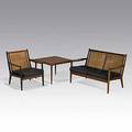 Ole wanscher rosewood leather and cane settee armchair and occasional table denmark 1950s unmarked settee 32 x 51 14 x 32 armchair 32 x 29 12 x 32 table 21 x 27 12 sq