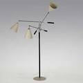Arredoluce triennale floor lamp with three adjustable arms white enameled metal shades and marble base c 1960 marked made in italy as pictured 73 x 43 x 44