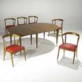 Gio ponti bertha schaefer singer  sons italian walnut and brass dining table with four leaves by gio ponti together with six italian walnut chairs by bertha schaefer unmarked table 29 x 48 d