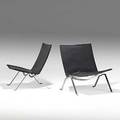 Poul kjaerholm fritz hansen pair of leather and matte chromed steel pk 22 lounge chairs denmark 1980s stamped and labels 28 12 x 25 x 25