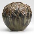 Axel salto royal copenhagen glazed stoneware globular vase matte brown and green glaze green stamp royal copenhagen denmark 3 lines etched salto 20561 8 12 x 8 12