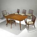 Th robsjohngibbings widdicomb mahogany klismos style dining table two leaves and six chairs four side two arm paper label on table chairs unmarked table 29 x 68 x 40 armchair 34 14
