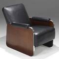 Donald deskey attr leather walnut and stainless steel lounge chair 1940s unmarked 29 x 25 x 35