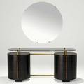 Gilbert rohde herman miller macassar ebony maple glass and brass double pedestal vanity 1940s foil label 26 12 x 58 x 21 12 mirror dia 35