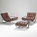Milo baughman thayercoggin pair of leatherette and chromed steel rocking chairs and rocking ottoman 19070s unmarked chairs 31 x 27 34 x 44 ottoman 15 x 26 x 27