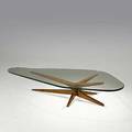 Vladimir kagan dreyfuss unusual trisymmetric carved walnut and glass coffee table unmarked 13 12 x 72 12 x 34