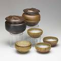 Karen karnes two glazed stoneware covered vessels and four small bowls with one cover provenance acquired directly from the artist each stamped kk tallest 5 12 bowls 2 14 x 4 34