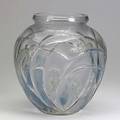 Lalique sauterelles clear and frosted glass vase with partial turquoise and blue patina 1912 m p 414 no 888 hand engraved lalique france 10 34 x 9 12