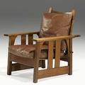 Gustav stickley early canted leg morris chair with old leather seat on replaced sling base unmarked 35 x 30 12 x 33