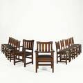 Gustav stickley set of twelve rare and early dining chairs no 1292 ten side and two arm with dropin leathercovered seats ca 1901 provenance vancroft mansion west virginia dining room 
