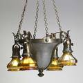 Arts  crafts quezal patinated metal chandelier with four art glass shades shades etched quezal 42 x 13 shades 4 x 5