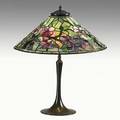 Riviere attr leaded glass and patinated bronze table lamp unmarked 24 x 20