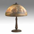 Handel acidetched glass and bronze table lamp the shade reversepainted with a landscape shade ring marked handel 19 12 x 14 34