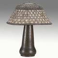 Gustav stickley hammered copper wicker and silk table lamp als ik kan stamp base 21 34 x 6 34 shade 8 x 18