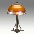 Roycroft steuben hammered copper threesocket lamp base with art glass shade orb and cross mark 16 12 x 10 14