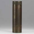Roycroft hammered copper cylindrical vase with dogwood and green patina orb and cross mark 10 x 3
