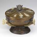 Joseph heinrichs shreve  co copper silver horn and stone arrowheads on lidded bowl stamped shreve  co copper and silver 7 12 x 9