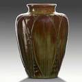 W j walley vase with leaves brick red and green glaze stampled wjw 8 x 5 12