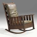 Gustav stickley slatted rocker no 323 leather upholstery c 190510 red decal 40 x 30 x 29